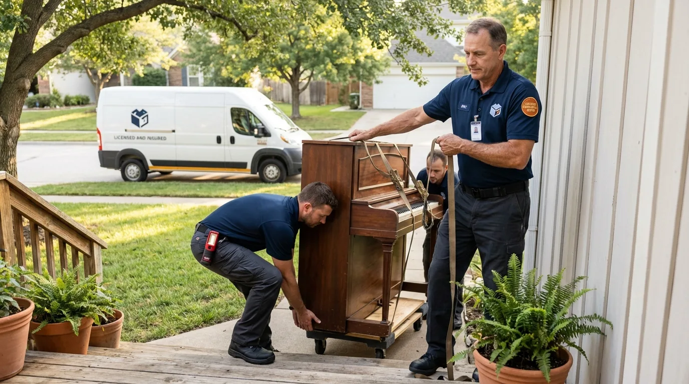 Licensed piano movers securing grand piano in Norwood, MA
