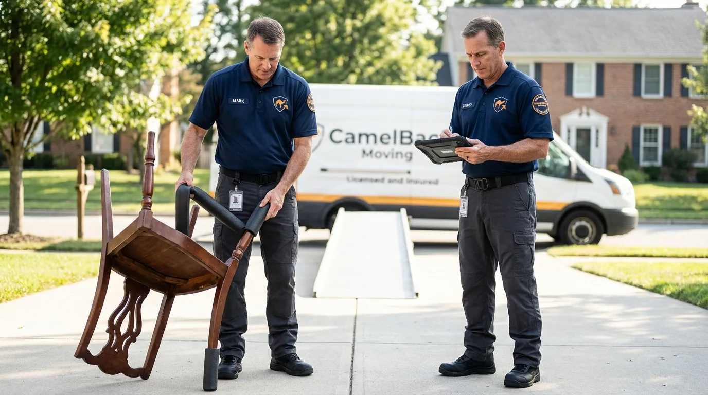 Movers inspecting furniture for damage prevention before loading in Norwood, MA